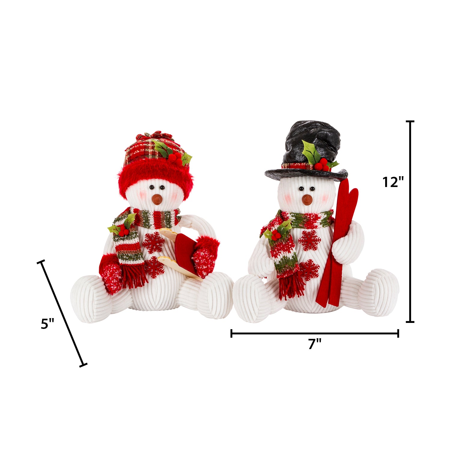Set of 2 Holiday Snowman Figurine Decor, Red and Green